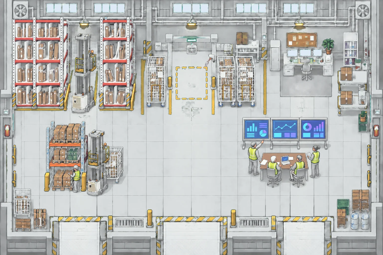 Pixel art warehouse with storage racks, order pickers, cage lanes, a manager’s desk and a multi-screen leadership sync area.